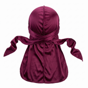 Premium Black Cherry Silk Durag - premium heavy silky durag back view showing wrap straps, tail and stitching