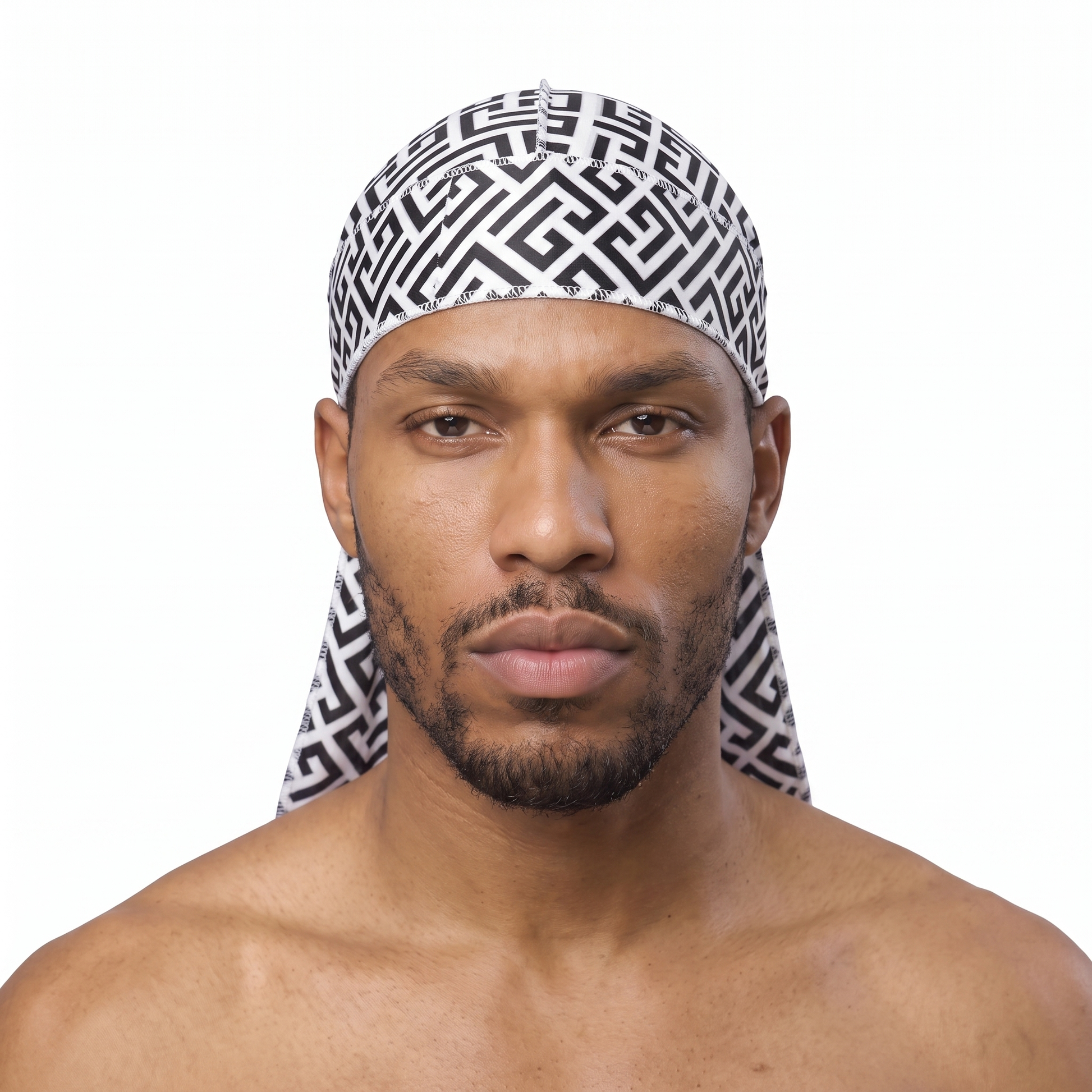 Black and White Maze geometric Satin Silky Durag worn by male model, front view on white background