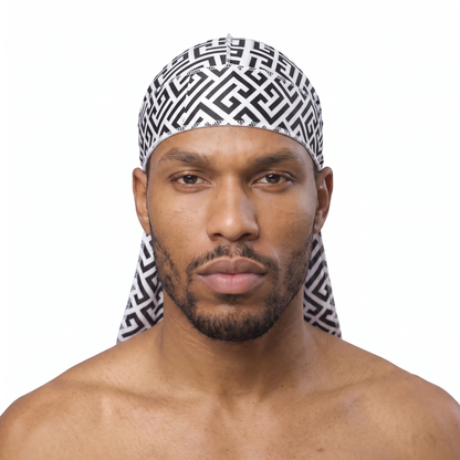 Black and White Maze geometric Satin Silky Durag worn by male model, front view on white background
