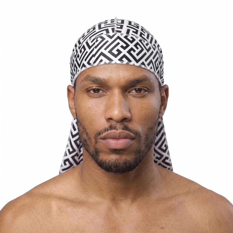 Black and White Maze geometric Satin Silky Durag worn by male model, front view on white background