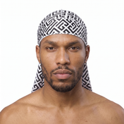 Black and White Maze geometric Satin Silky Durag worn by male model, front view on white background