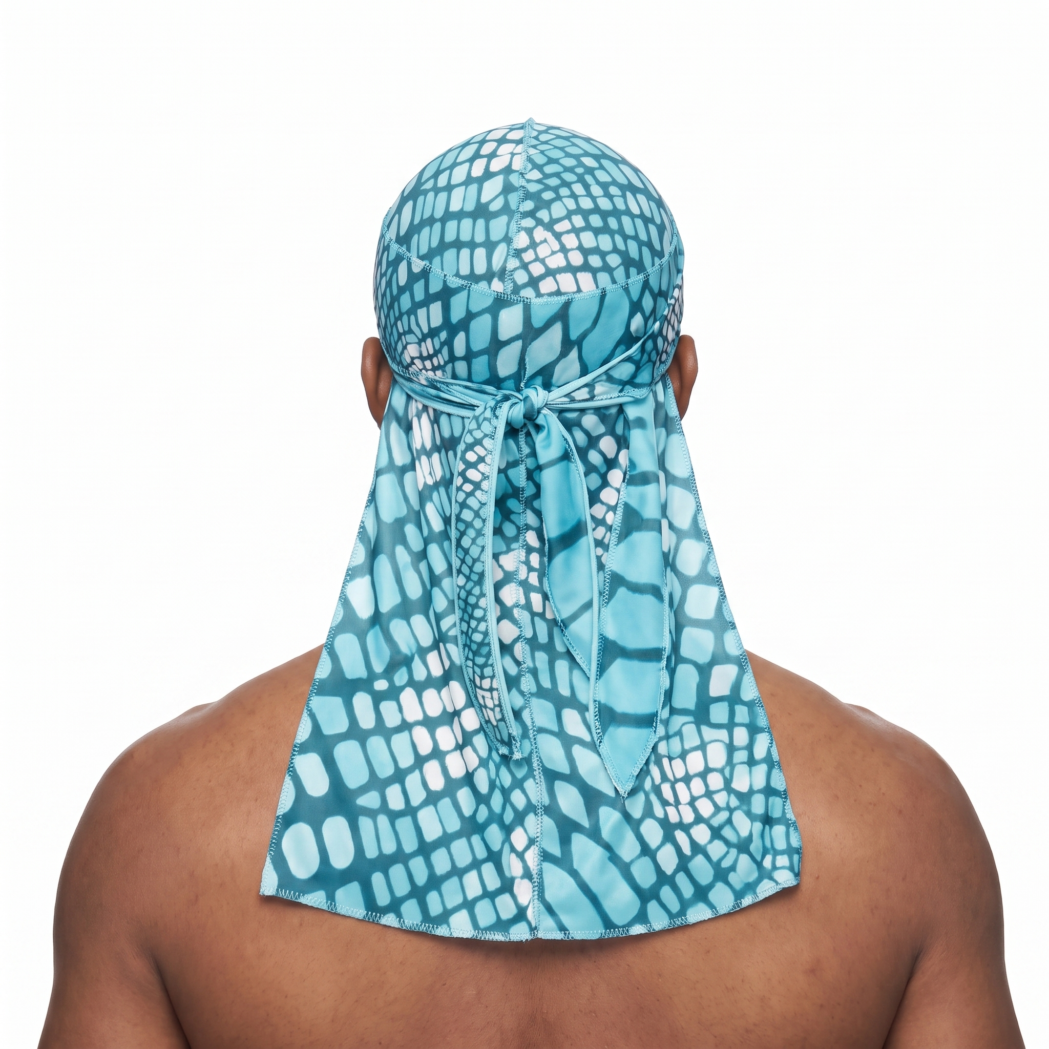 Diamond Blue reptile snakeskin Satin Silky Durag worn by male model, back view showing tied wrap and tail