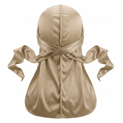 Premium Champagne Gold Silk Durag - premium heavy silky durag back view showing wrap straps, tail and stitching