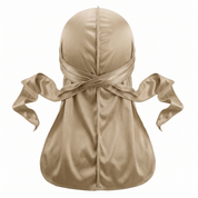 Premium Champagne Gold Silk Durag - premium heavy silky durag back view showing wrap straps, tail and stitching