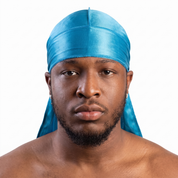 Premium Turquoise Blue Silk Durag worn by male model, front view on white background