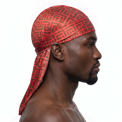 Red and Brown Maze geometric Satin Silky Durag worn by male model, side profile showing fit and tail drape