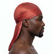 Red and Brown Maze geometric Satin Silky Durag worn by male model, side profile showing fit and tail drape