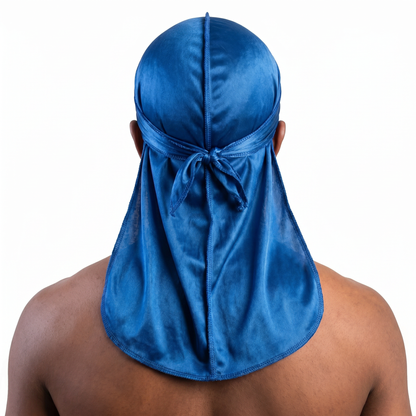 Premium True Blue Silk Durag worn by male model, back view showing tied wrap and tail