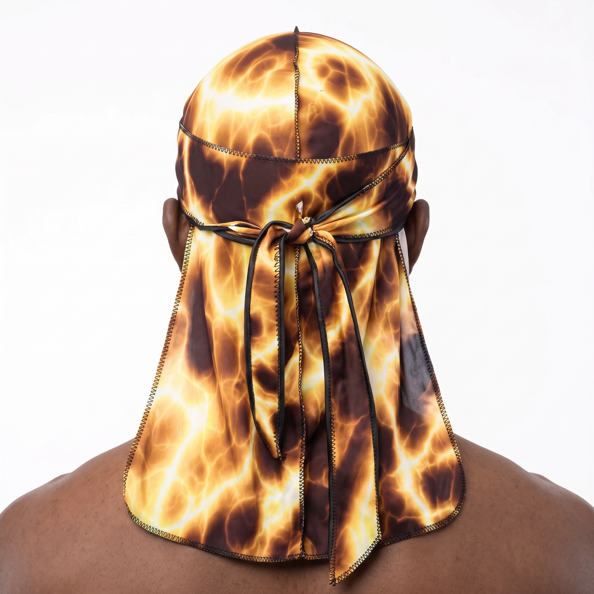 Voltage Yellow lightning Satin Silky Durag worn by male model, back view showing tied wrap and tail