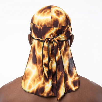 Voltage Yellow lightning Satin Silky Durag worn by male model, back view showing tied wrap and tail