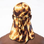 Voltage Yellow lightning Satin Silky Durag worn by male model, back view showing tied wrap and tail