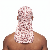 Pink leopard animal print Satin Silky Durag worn by male model, back view showing tied wrap and tail