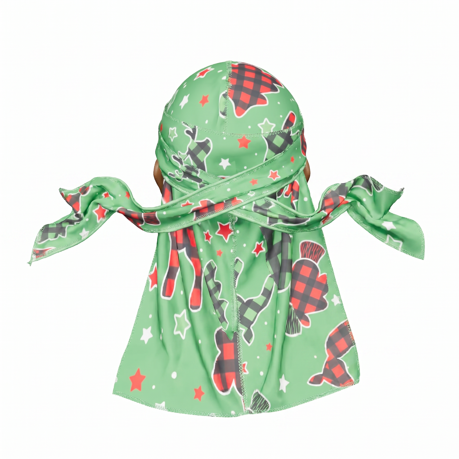 Christmas Time Green holiday Satin Silky Durag - premium silky durag back view showing wrap straps, tail and stitching