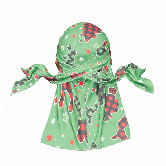 Christmas Time Green holiday Satin Silky Durag - premium silky durag back view showing wrap straps, tail and stitching
