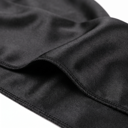 Premium Black Silk Durag fabric close-up showing Black silky satin texture and stitching detail