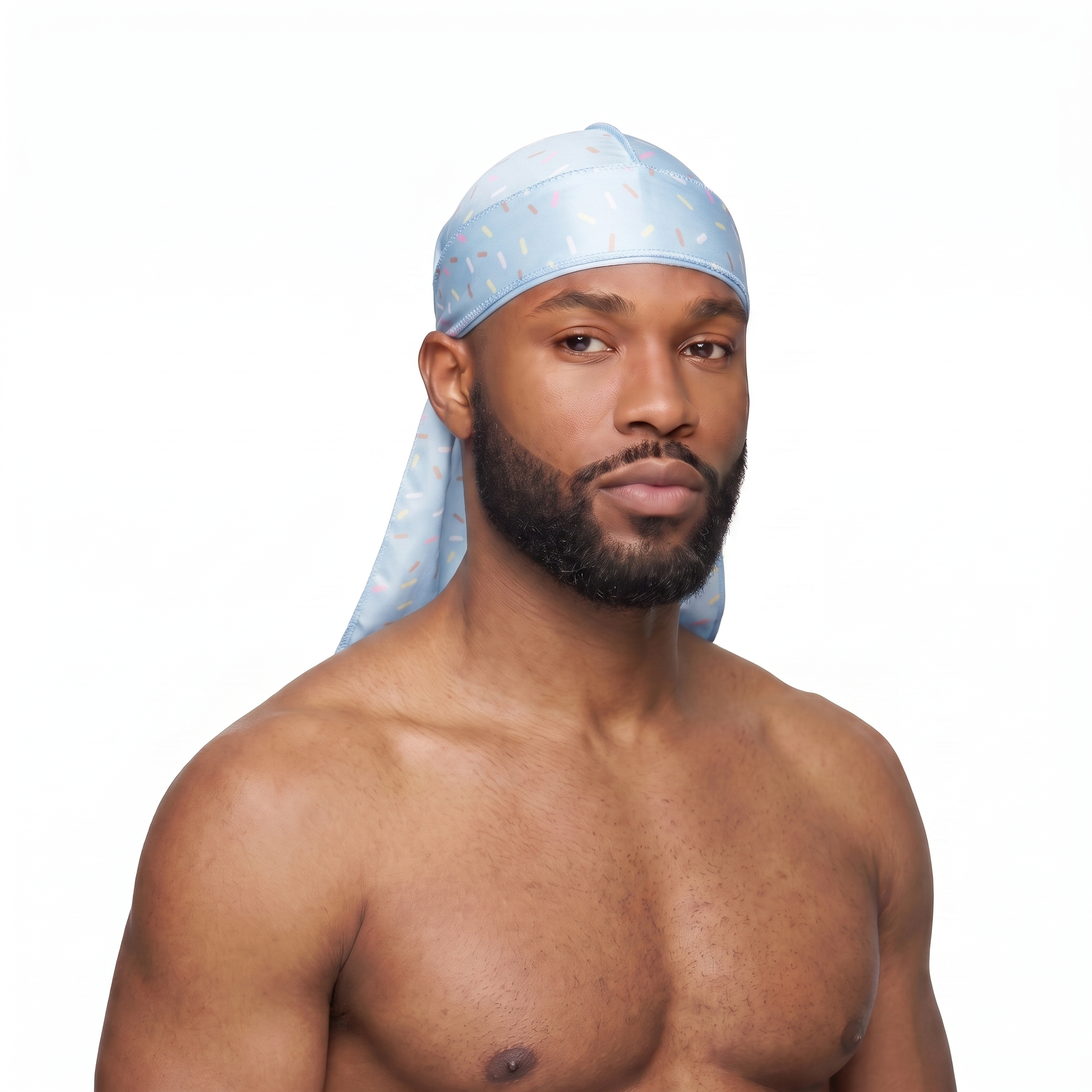 Blue ice cream sprinkle Satin Silky Durag worn by male model, front view on white background