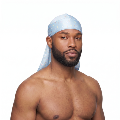 Blue ice cream sprinkle Satin Silky Durag worn by male model, front view on white background