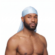 Blue ice cream sprinkle Satin Silky Durag worn by male model, front view on white background