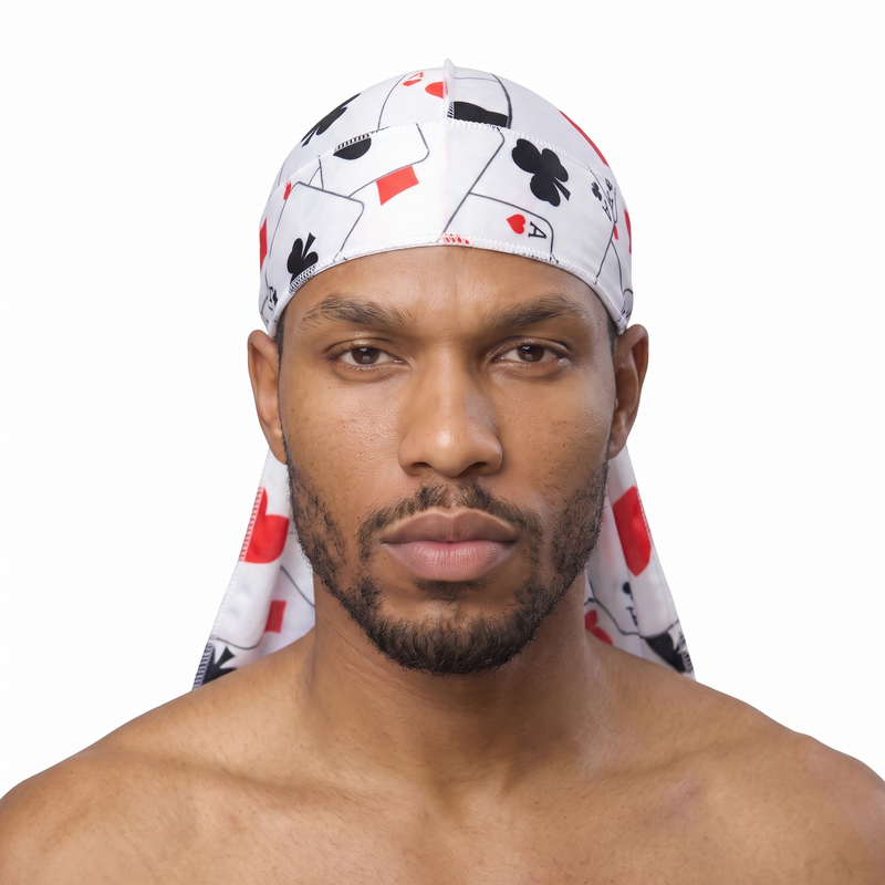 Ace playing card graphic Satin Silky Durag worn by male model, front view on white background
