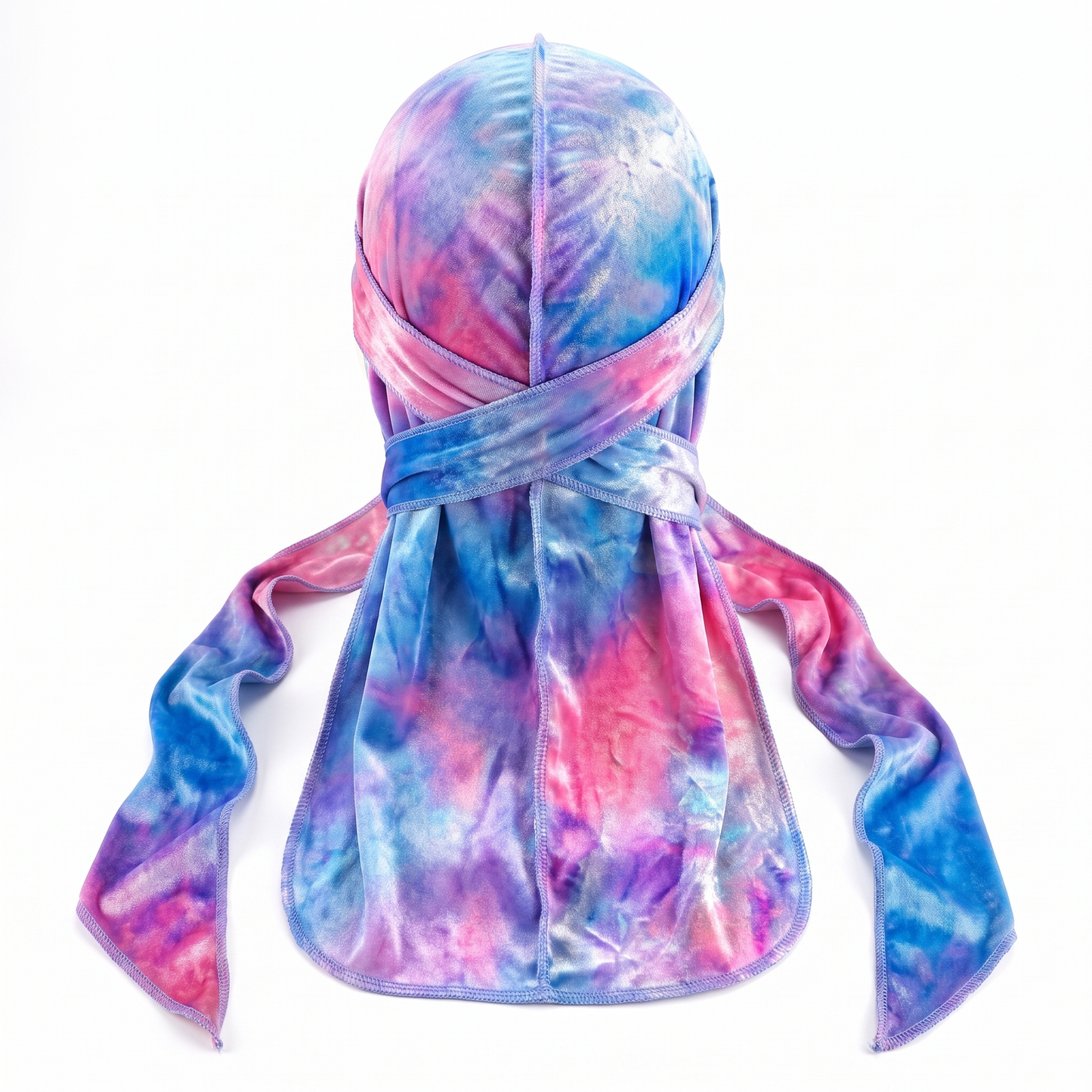 Supreme Tye-Dye  Powder Pink & Blue Velvet Durag - premium velvet durag back view showing wrap straps, tail and stitching