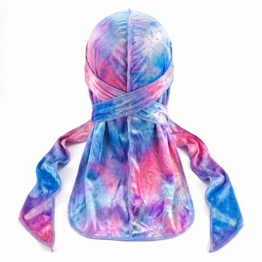 Supreme Tye-Dye  Powder Pink & Blue Velvet Durag - premium velvet durag back view showing wrap straps, tail and stitching