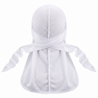 Athletic Mesh White Durag - premium durag back view showing wrap straps, tail and stitching
