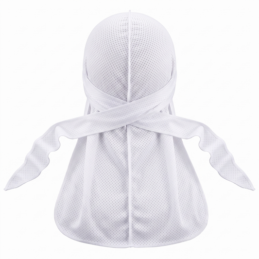Athletic Mesh White Durag - premium durag back view showing wrap straps, tail and stitching