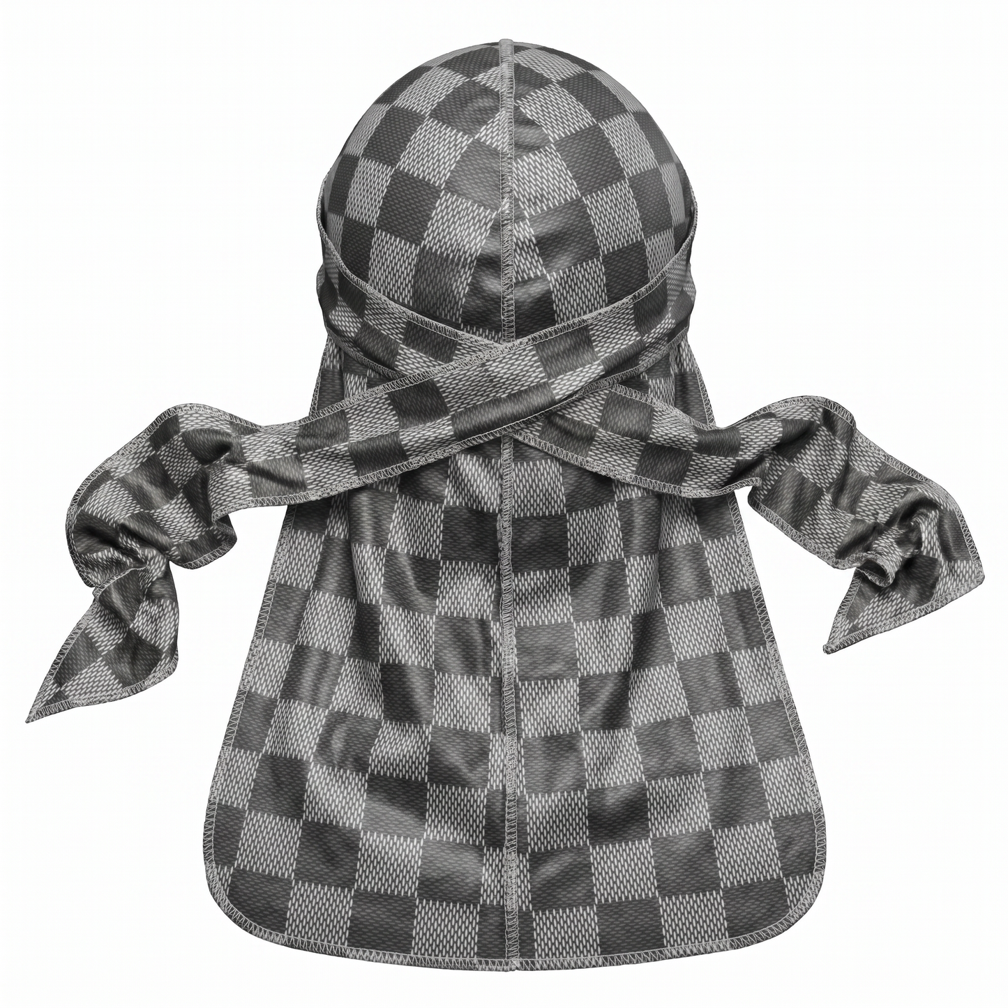 Checkered Greyscale Satin Silky Durag - premium silky durag back view showing wrap straps, tail and stitching