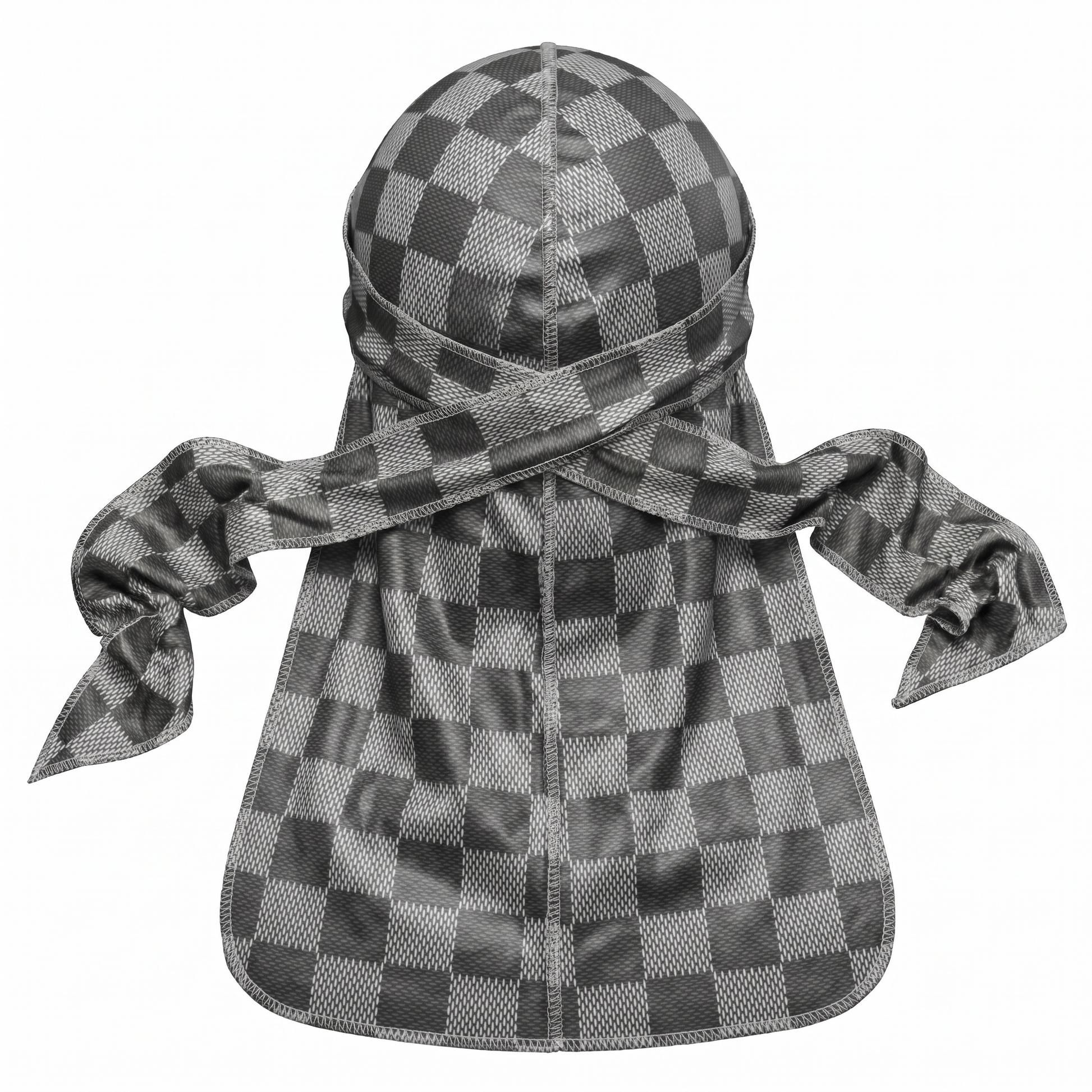 Checkered Greyscale Satin Silky Durag - premium silky durag back view showing wrap straps, tail and stitching