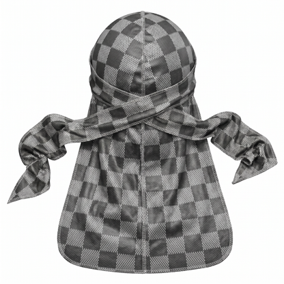 Checkered Greyscale Satin Silky Durag - premium silky durag back view showing wrap straps, tail and stitching