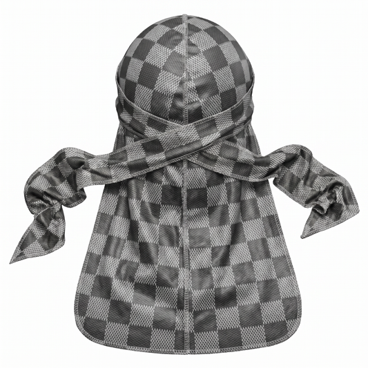 Checkered Greyscale Satin Silky Durag - premium silky durag back view showing wrap straps, tail and stitching