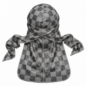 Checkered Greyscale Satin Silky Durag - premium silky durag back view showing wrap straps, tail and stitching