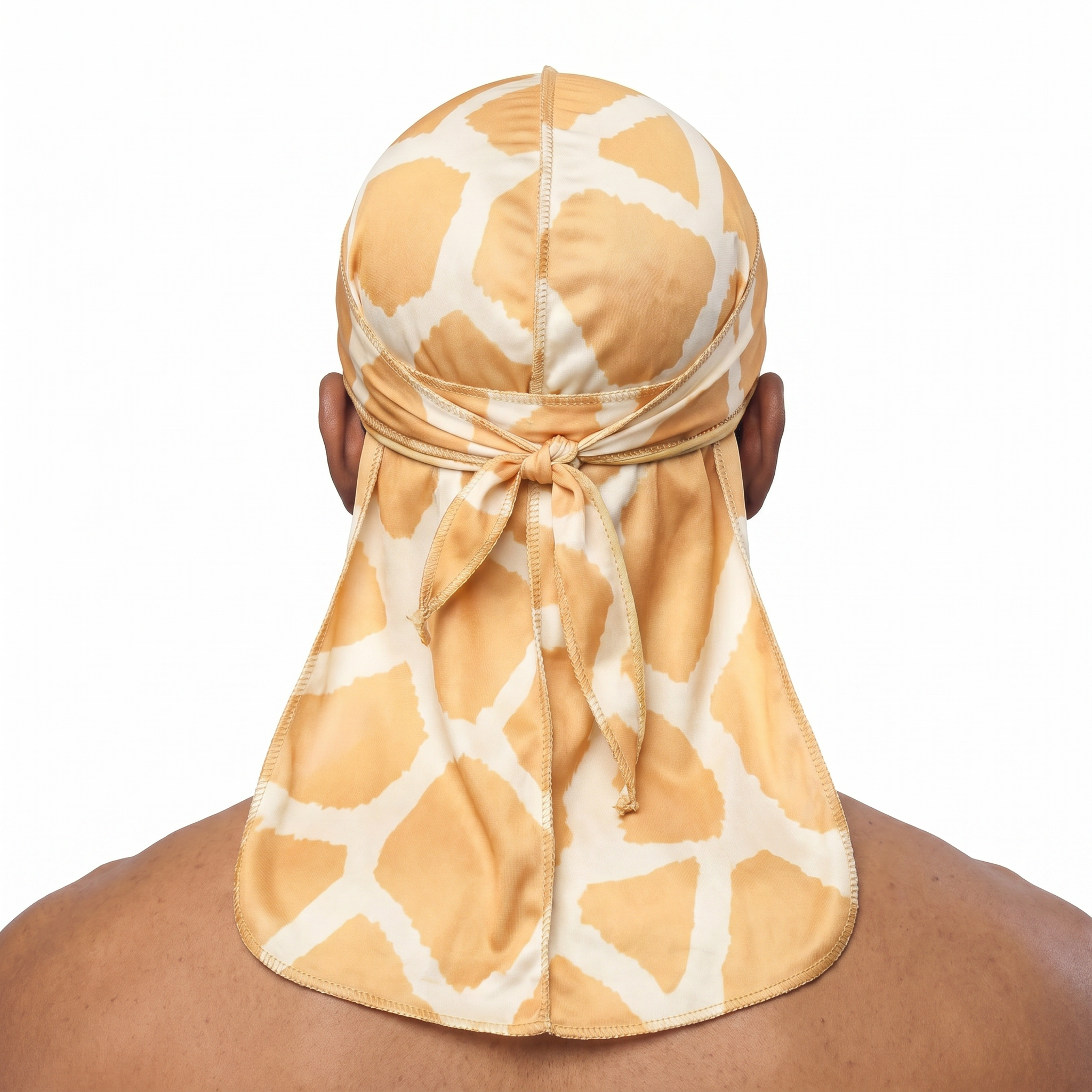 Giraffe animal print Satin Silky Durag worn by male model, back view showing tied wrap and tail