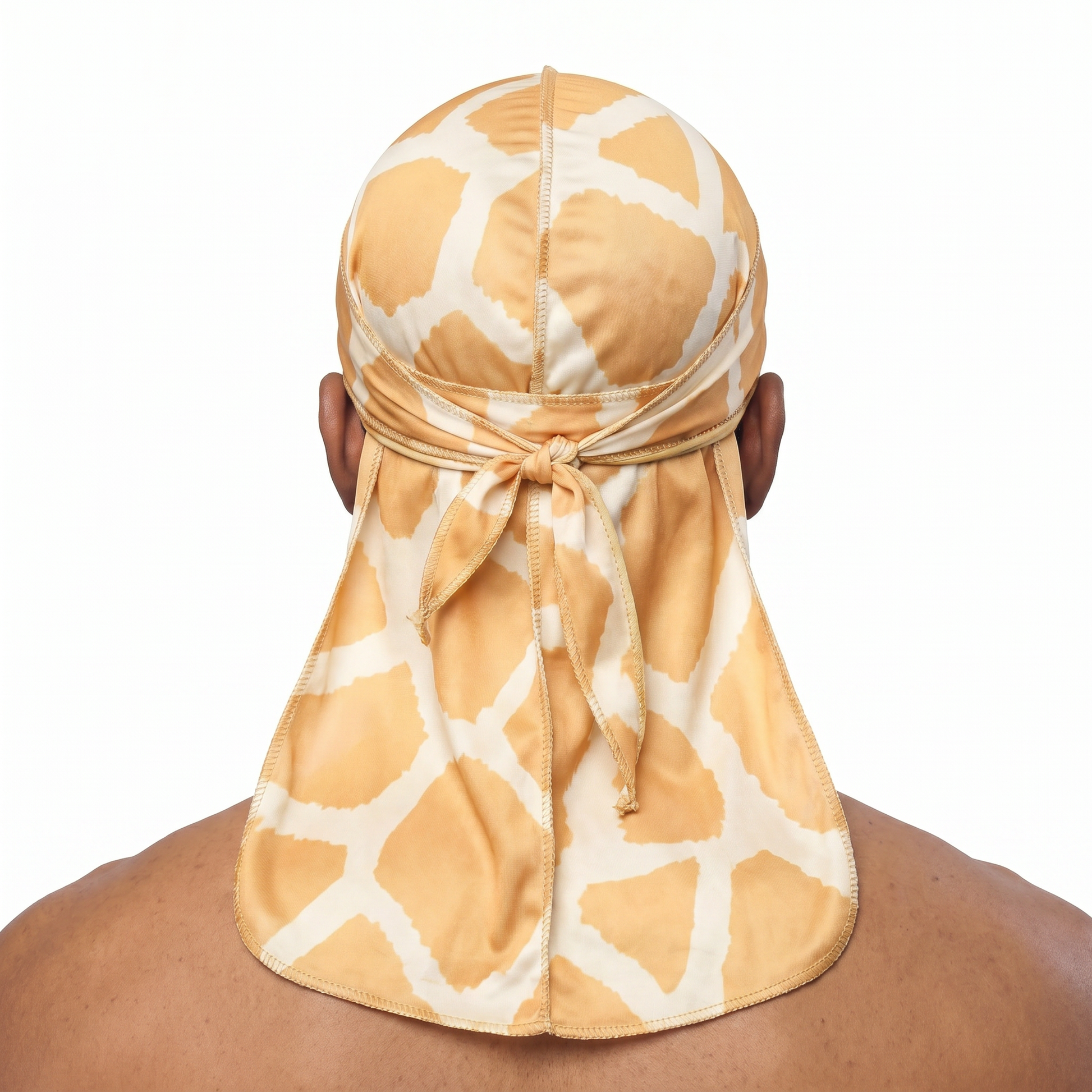 Giraffe animal print Satin Silky Durag worn by male model, back view showing tied wrap and tail