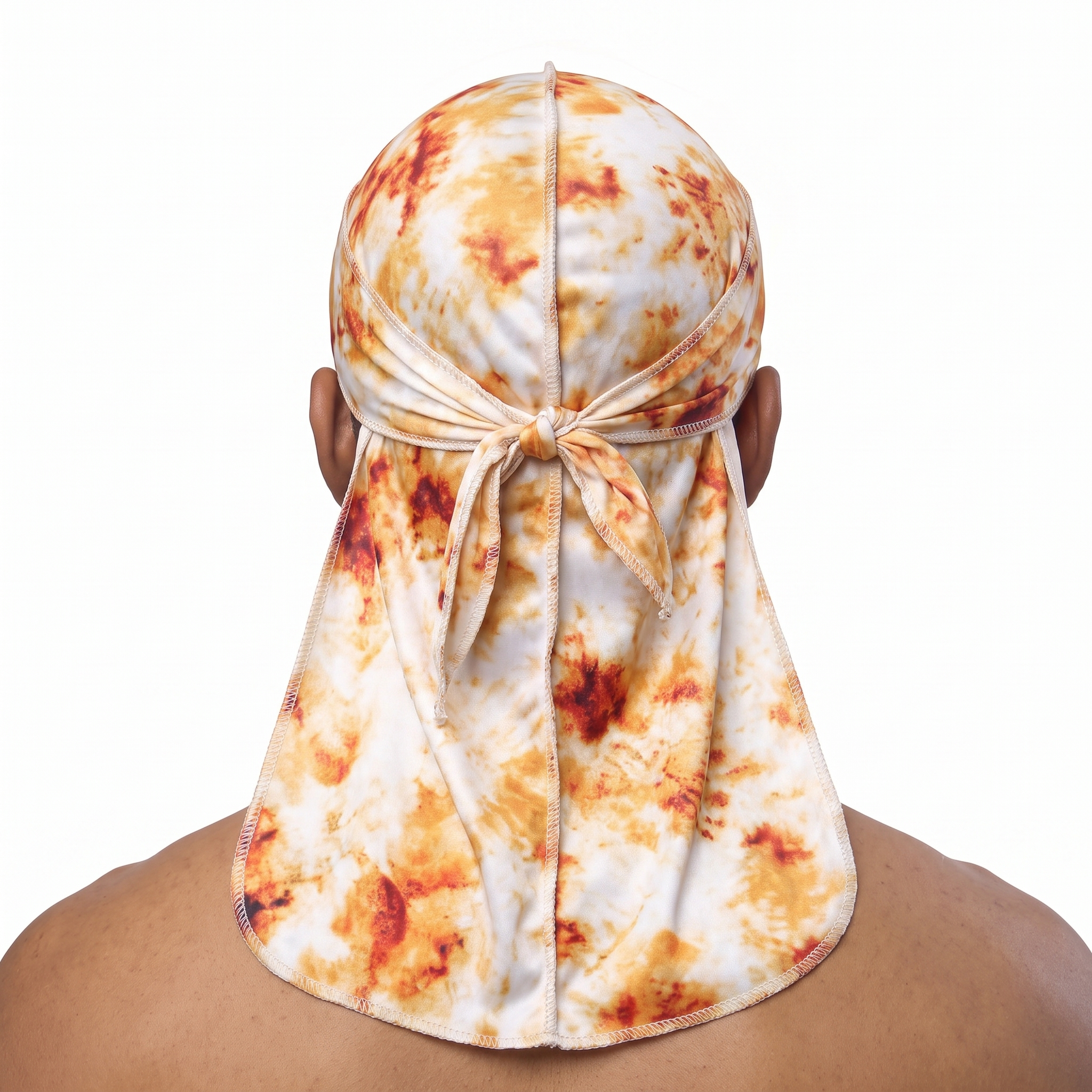 Bronze Tye Dye Satin Silky Durag worn by male model, back view showing tied wrap and tail