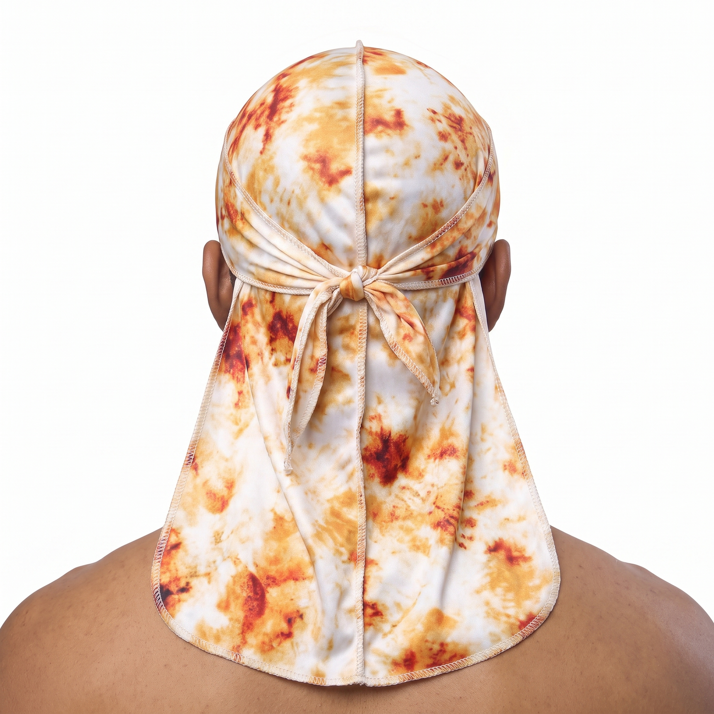 Bronze Tye Dye Satin Silky Durag worn by male model, back view showing tied wrap and tail