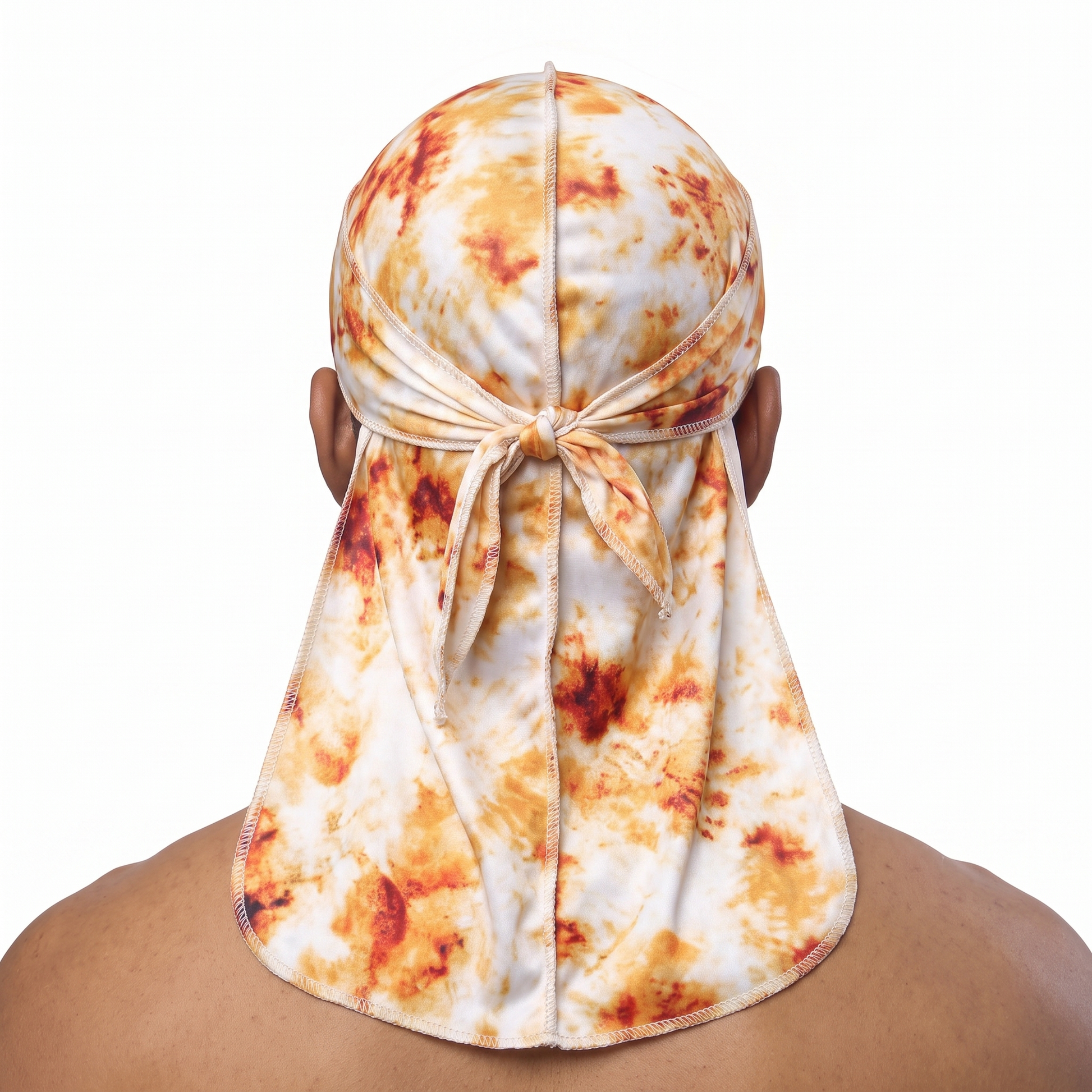 Bronze Tye Dye Satin Silky Durag worn by male model, back view showing tied wrap and tail