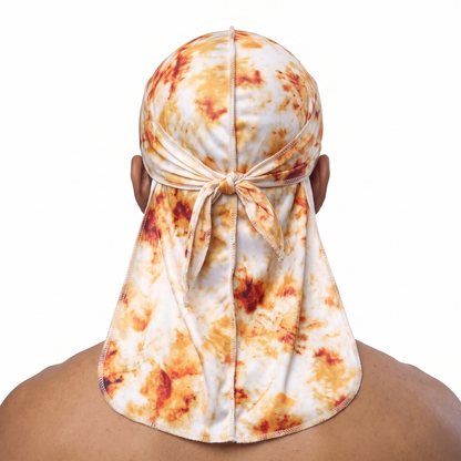 Bronze Tye Dye Satin Silky Durag worn by male model, back view showing tied wrap and tail