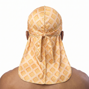 Honey Cone waffle-cone Satin Silky Durag worn by male model, back view showing tied wrap and tail