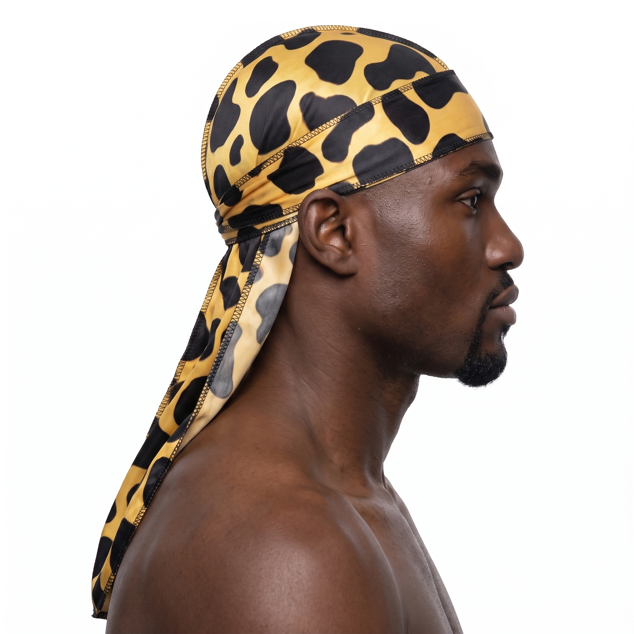 Leopard animal print Satin Silky Durag worn by male model, side profile showing fit and tail drape