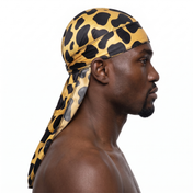 Leopard animal print Satin Silky Durag worn by male model, side profile showing fit and tail drape