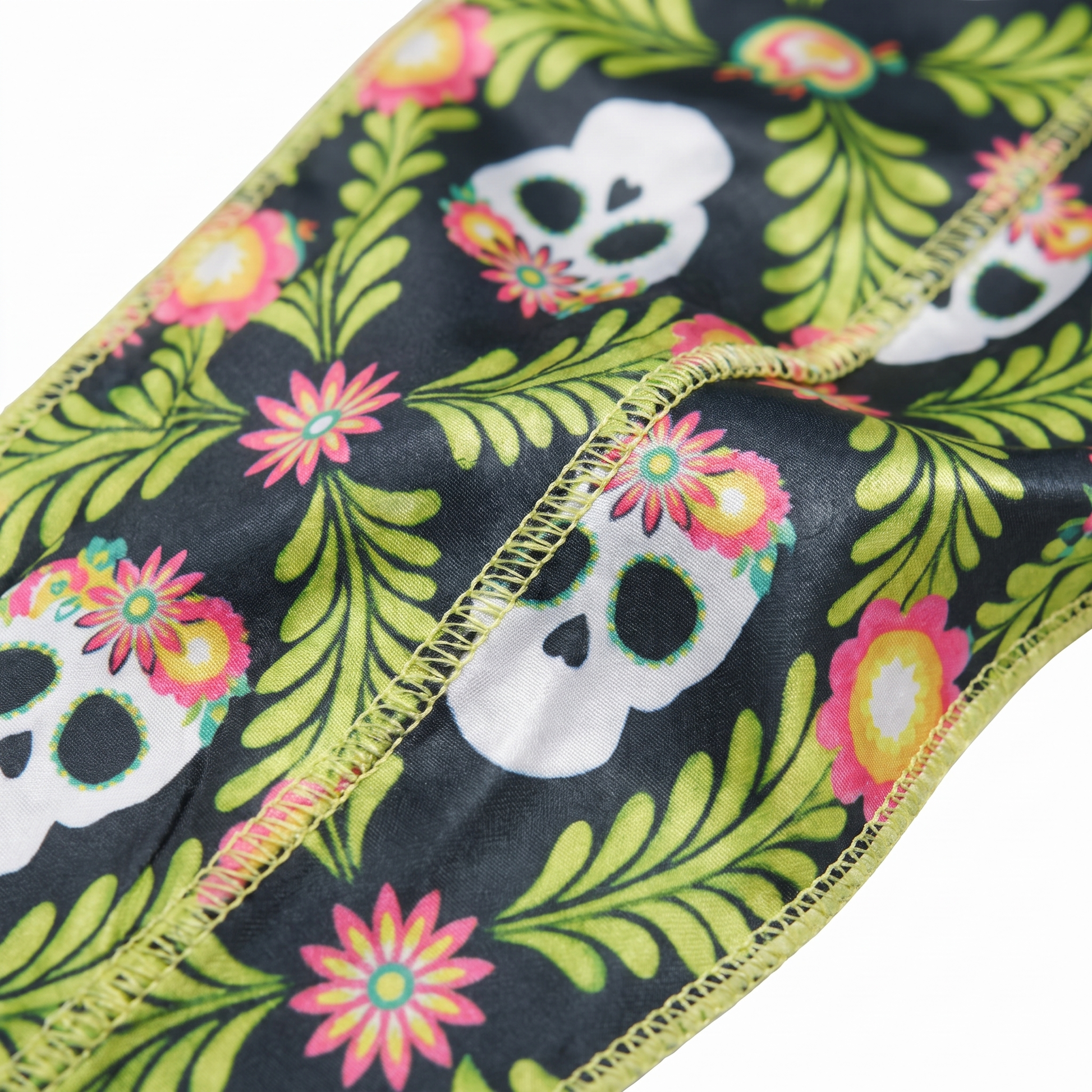 Cinco De Mayo Green festive Satin Silky Durag fabric close-up showing Cinco De Mayo Green festive print and stitching detail