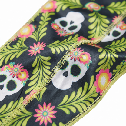 Cinco De Mayo Green festive Satin Silky Durag fabric close-up showing Cinco De Mayo Green festive print and stitching detail