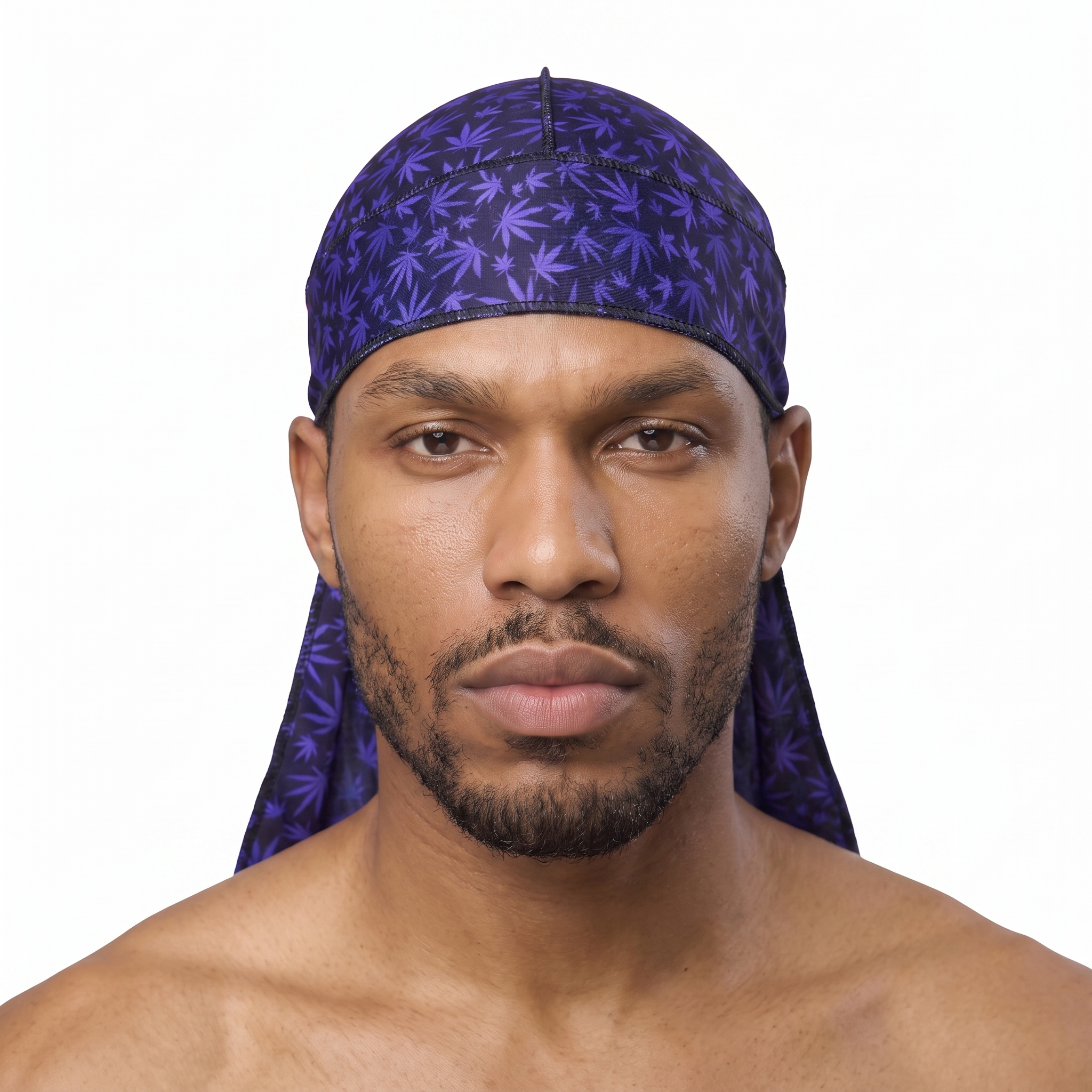 Cannabis Purple leaf print Satin Silky Durag worn by male model, front view on white background