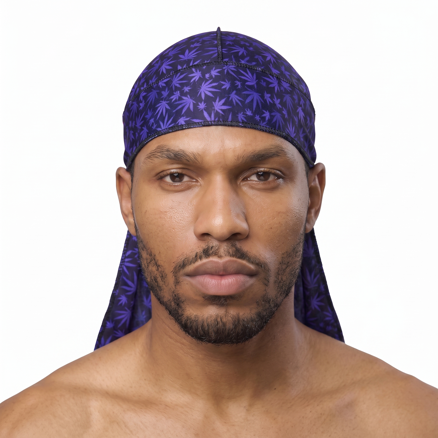 Cannabis Purple leaf print Satin Silky Durag worn by male model, front view on white background