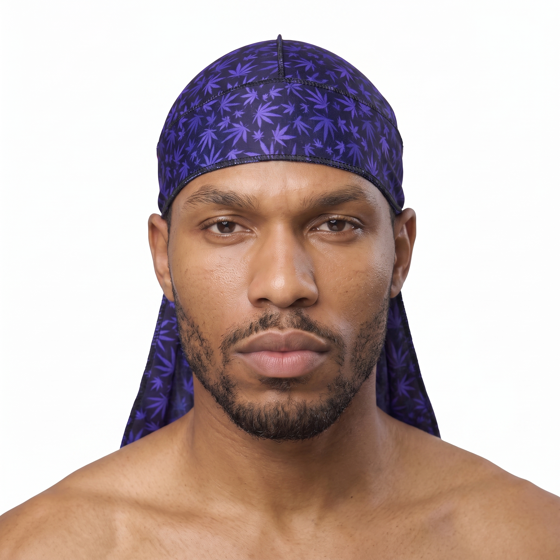 Cannabis Purple leaf print Satin Silky Durag worn by male model, front view on white background