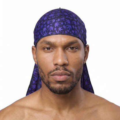 Cannabis Purple leaf print Satin Silky Durag worn by male model, front view on white background