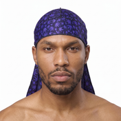 Cannabis Purple leaf print Satin Silky Durag worn by male model, front view on white background