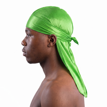 Premium Lime Green Silk Durag worn by male model, side profile showing fit and tail drape