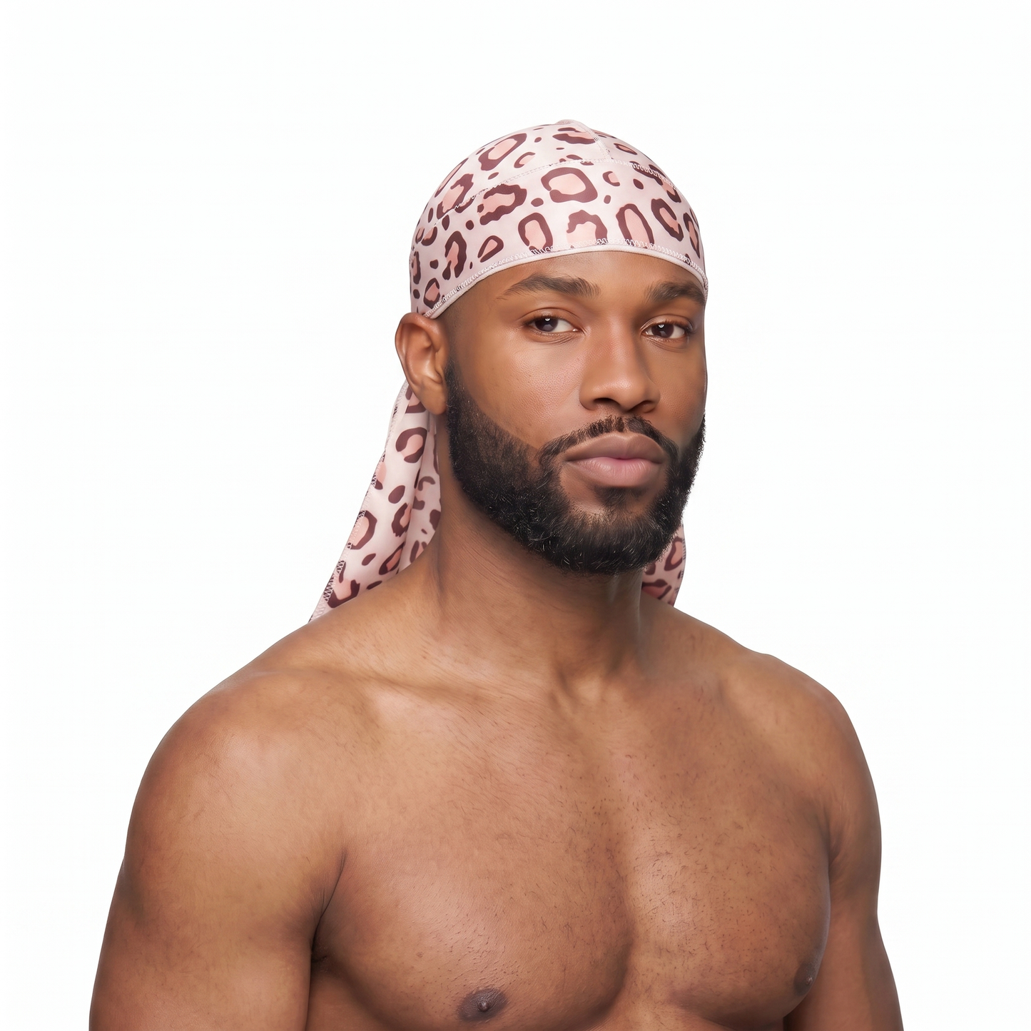 Pink leopard animal print Satin Silky Durag worn by male model, front view on white background